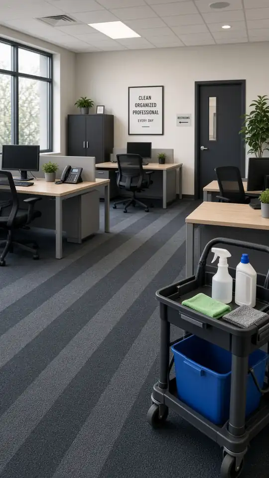 An office workspace with a cleaning cart after a commercial visit